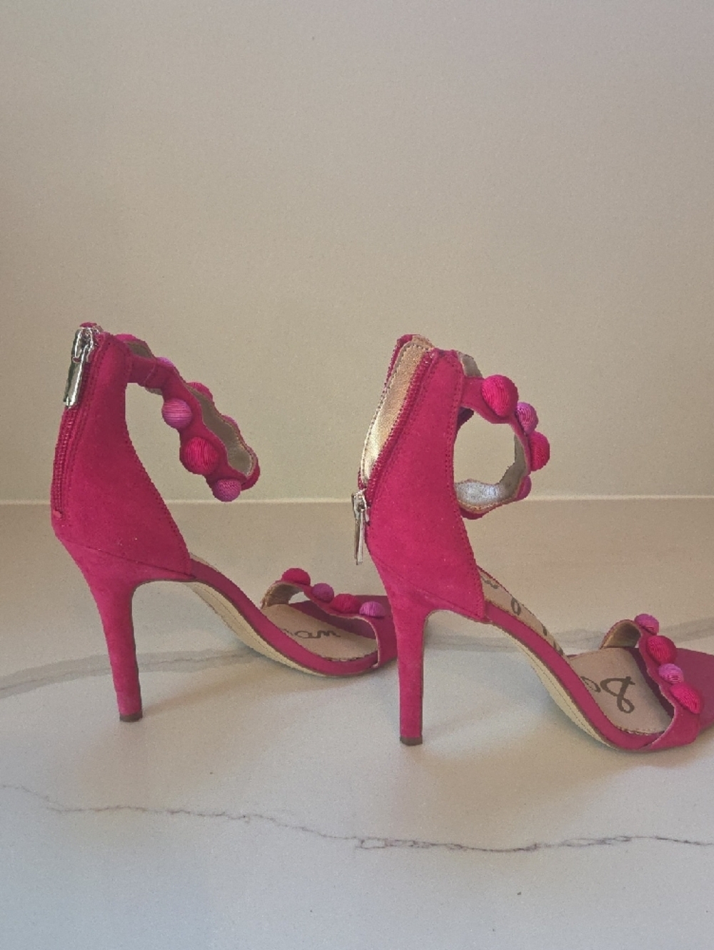Sam Edelman Deep Pink Pom-Trim Stiletto Sandals - Picture 3 of 4